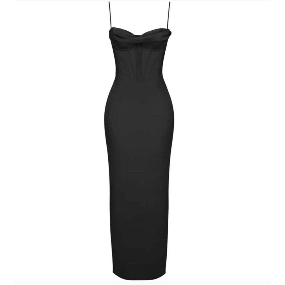 HOUSE OF CB Charmaine Corset Maxi Dress Black L+ XL Cowl Satin Evening Gown
